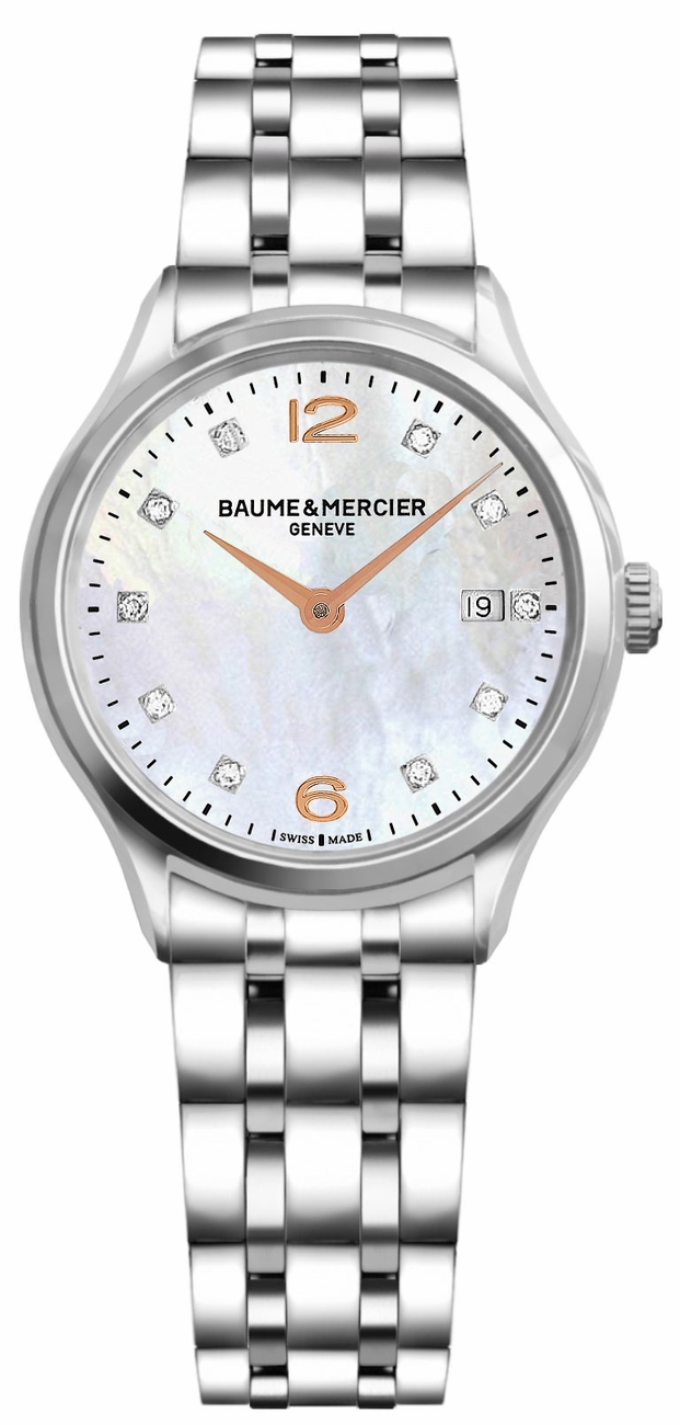 Baume & Mercier Clifton Battery Operated Quartz Pearl White Ladies Watch MOA10176 