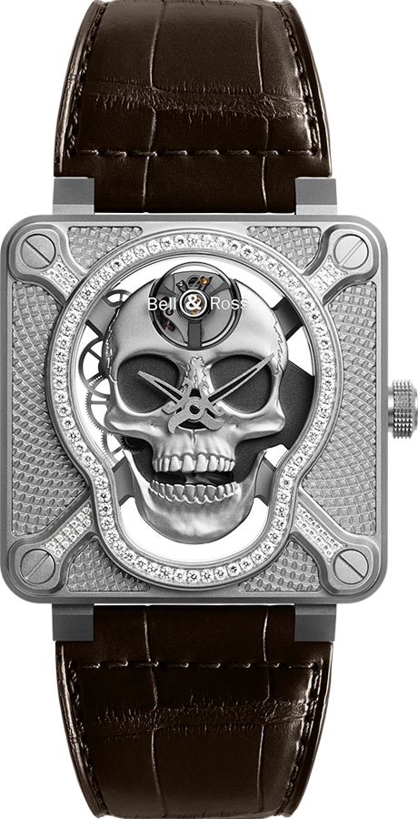 Bell Ross Aviation Instruments Manual Winding Silver Mens Watch BR-01-LAUGHING-SKULL-LIGHT-DIAMOND 