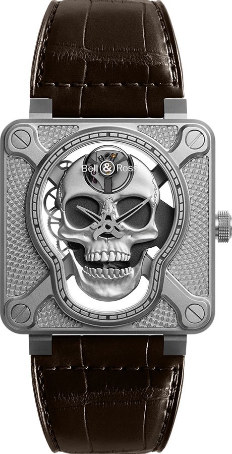 Bell Ross Aviation Instruments Manual Winding Silver Mens Watch BR-01-LAUGHING-SKULL 