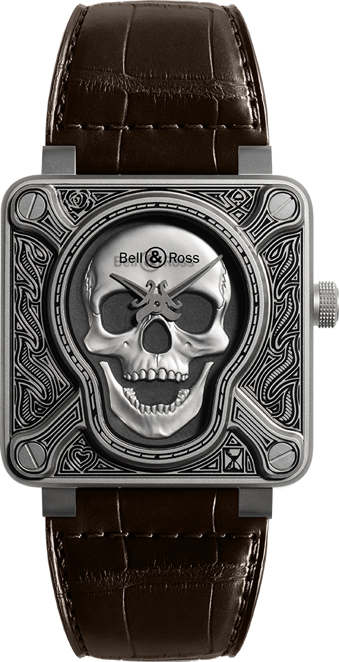 Bell Ross Aviation Instruments Self winding Automatic Silver Watch BR-01-92-BURNING-SKULL 