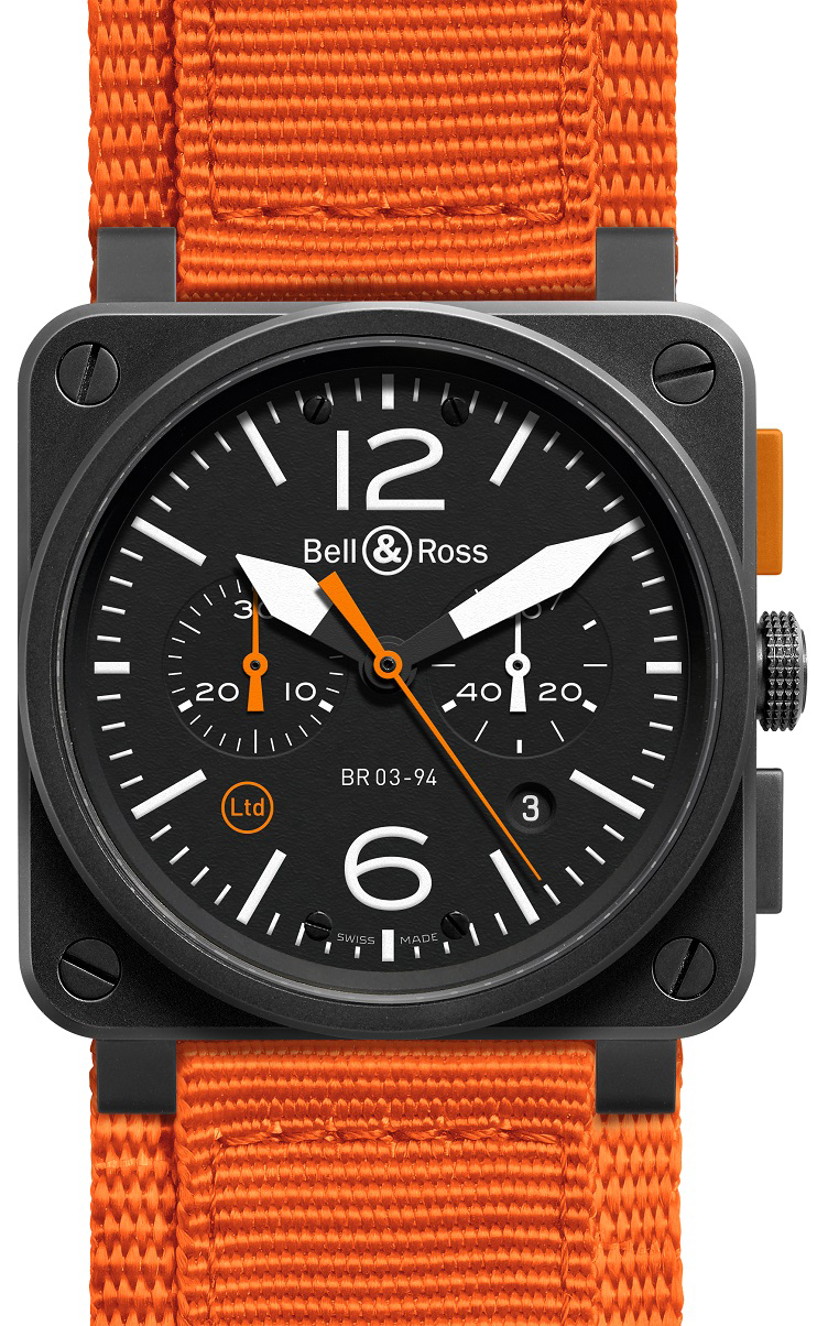 Bell Ross Aviation Instruments Black Mens Watch BR-03-94-CARBON-ORANGE 