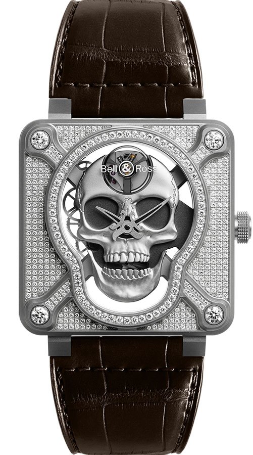 Bell Ross Aviation Instruments Manual Winding Silver Watch BR-01-LAUGHING-SKULL-FULL-DIAMOND 