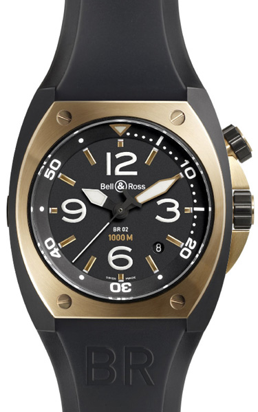 Bell Ross Marine Black Mens Watch BR-02-92-PINK-GOLD-CARBON 
