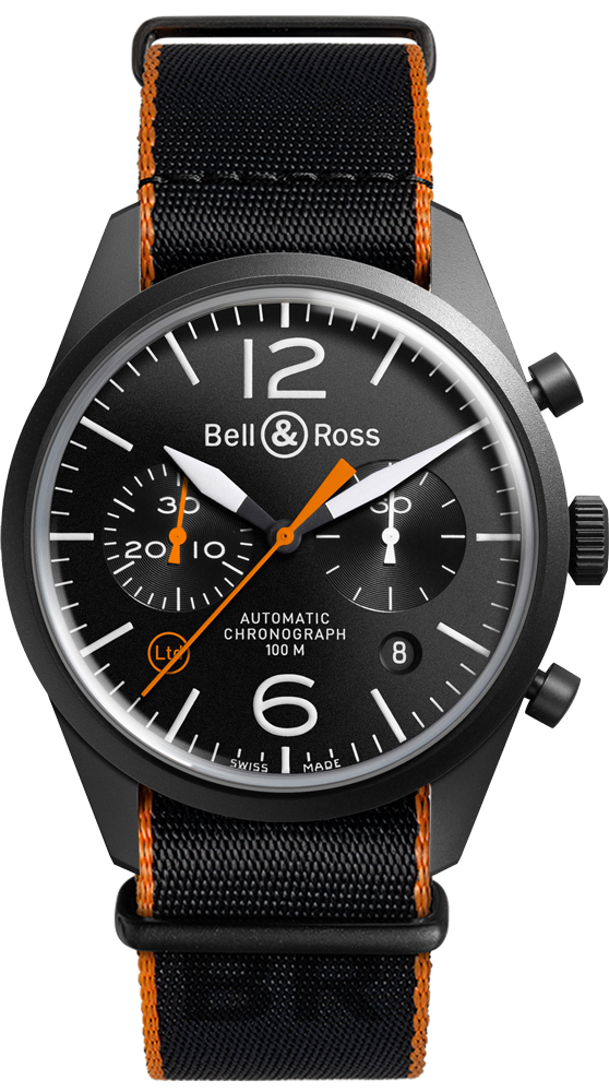 Bell Ross Vintage Self winding Automatic Black Mens Watch BR-126-CARBON-ORANGE 