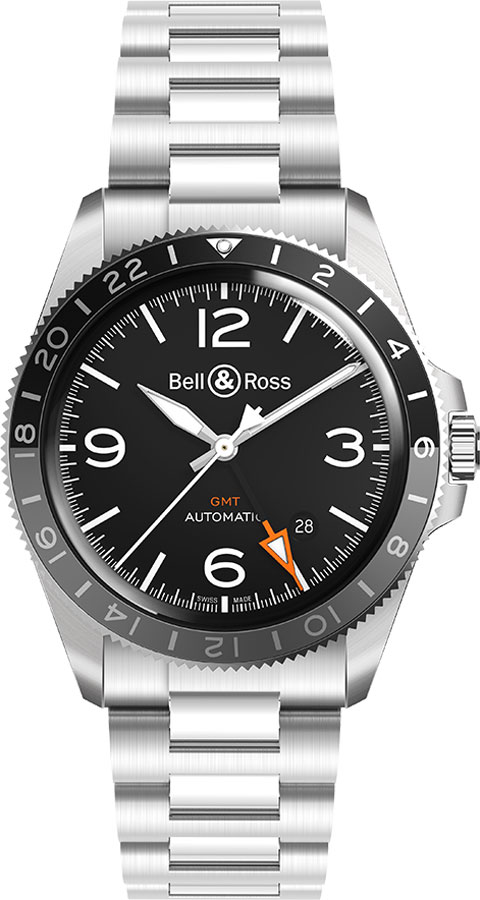 Bell Ross Vintage Self winding Automatic Black Mens Watch BR-V2-93-GMT-SST 