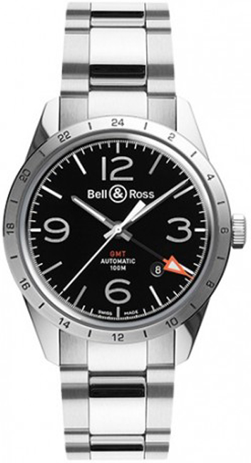 Bell Ross Vintage Black Mens Watch BR-123-GMT-24H-STEEL 