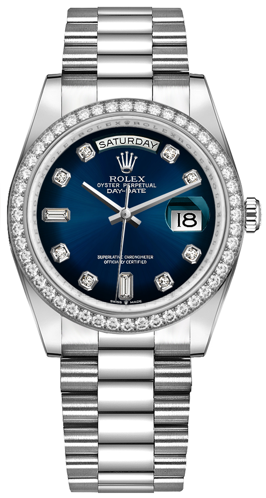 Rolex Day-Date 36 Blue Dial Diamond Bezel Women's Watch 128349RBR-0010 